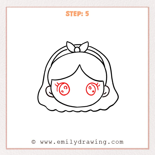 how to draw a girl face - Step 5 of how to draw a girl face adds two big round eyes with simple pupil curves, highlight dots, and short eyelashes.